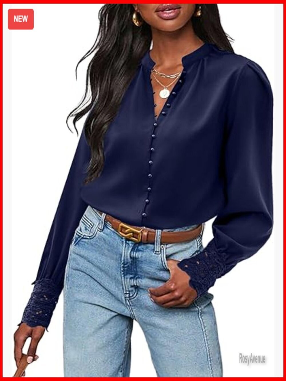 Womens Long Sleeve Button Down Blouse Lace Cuff Chiffon Dressy Work Top